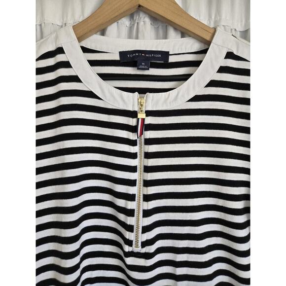 Tommy Hilfiger Womens Medium Black & White Striped Zip Top Coastal Nautical - Picture 2 of 8